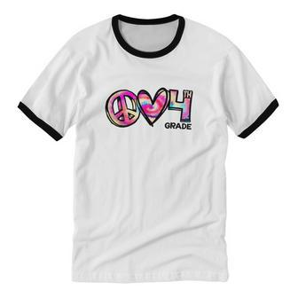 Tiedye Peace Love And 4Th Grade Girl Boy Kids Teacher Cotton Ringer T-Shirt - Monsterry