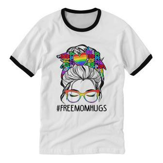 Womens Free Mom Hugs Messy Bun Lgbt Pride Cotton Ringer T-Shirt - Monsterry AU