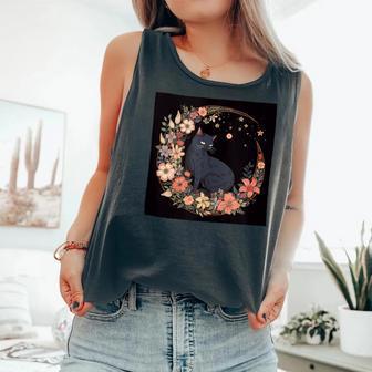 Cat Moon Floral Flowers Graphic Comfort Colors Tank Top - Monsterry UK