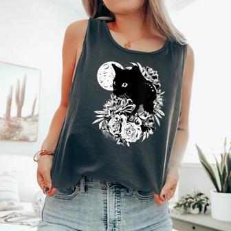 Cat Moon Night Flowers Black Cats Lovers Comfort Colors Tank Top - Monsterry AU