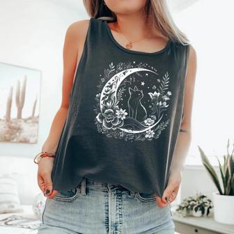 Cat Sitting On Crescent Moon Flowers Stars Drawing Women Comfort Colors Tank Top - Monsterry CA