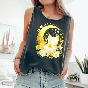 Cute Kawaii Anime Cat Moon Phases Flower Celestial Cat Comfort Colors Tank Top - Monsterry CA