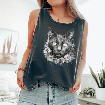 Wiccan Wicca Moon Cat With Flowers Pagan Witch Geometric Comfort Colors Tank Top - Monsterry UK