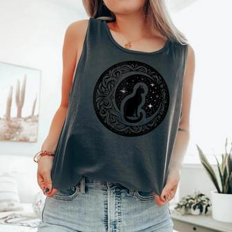 Drawing Cat Sitting On Crescent Moon Flowers Stars Women Comfort Colors Tank Top - Monsterry AU