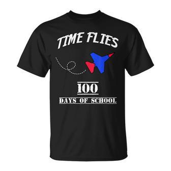 100 Days Of School Time Flies Jet Plane T-Shirt - Monsterry