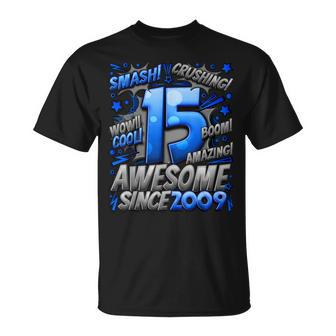 15Th Birthday Comic Style Awesome Since 2009 15 Year Old Boy T-Shirt - Monsterry