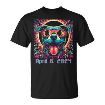 2024 Solar Eclipse Dog Pitbull Wearing Glasses Psychedelic T-Shirt - Monsterry