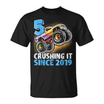 5 Crushing It Since 2019 Monster Truck 5Th Birthday Boys T-Shirt | Mazezy