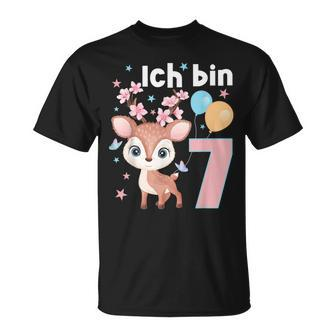 7 Jahre Alt Ich Bin 7 Hirsch Deer 7Th Birthday Black T-Shirt - Seseable