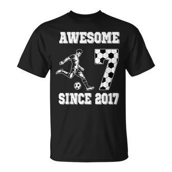 7Th Birthday Boy Awesome Since 2017 Soccer 7 Years Old T-Shirt | Mazezy