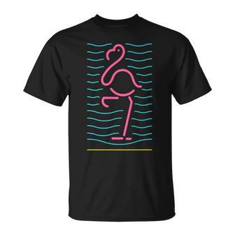 80S Retro Neon Sign Pink Flamingo Bird 80'S T-Shirt | Mazezy