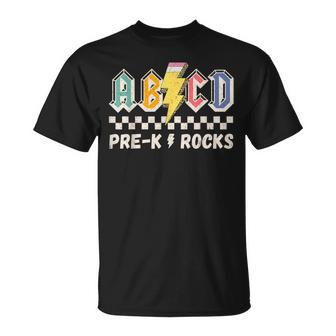 Abcd Pre-K Kindergarten Rocks Pencil Lightning Teachers Rock T-Shirt - Thegiftio UK