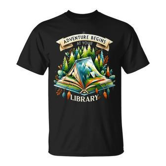 Adventure Begins At Your Library Outdoor Reading Lover T-Shirt - Monsterry DE