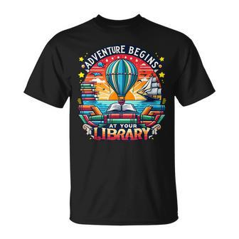 Adventure Begins At Your Library Summer Hot Balloon 2024 T-Shirt | Mazezy