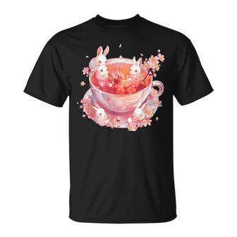 Aesthetic Cute Anime Kawaii Bunnies Tea Cherry Blossom Bunny T-Shirt - Monsterry UK