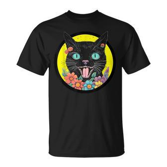 Aesthetic Vintage Black Cat Colorful Blooming Flowers Gothic T-Shirt - Monsterry DE