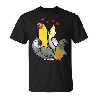 African Grey Cockatiel Sun Conure Senegal Parrot With Hearts T-Shirt - Monsterry