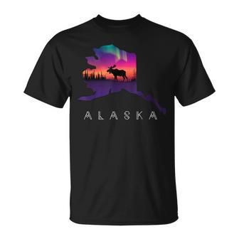 Alaska Moose Aurora Borealis Alaska State & Landscape T-Shirt - Monsterry