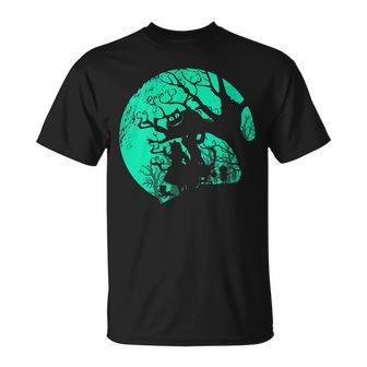 Alice In Wonderland And Cheshire Cat Under Moon T-Shirt - Monsterry