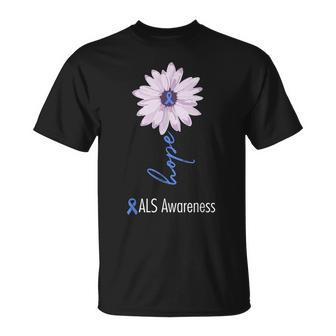 Als Awareness Month Blue Sunflower Ribbon Als Warrior T-Shirt - Seseable