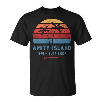 Amity Island Surf 1974 Surf Shop Sunset Surfing Vintage T-Shirt | Mazezy