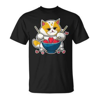 Anime Cat Eating Ramen Noodles With Hearts Valentines Day T-Shirt | Seseable CA