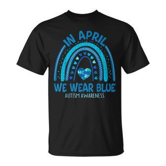 In April We Wear Blue Autism Awareness Puzzle Rainbow T-Shirt - Seseable