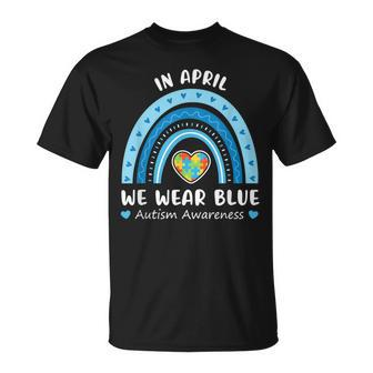 In April We Wear Blue Autism Awareness Rainbow Puzzle T-Shirt - Thegiftio UK