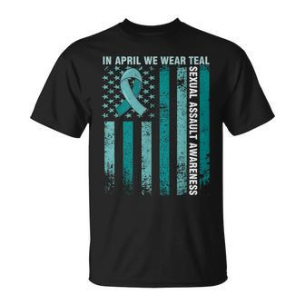 In April We Wear Teal Sexual Assault Awareness American Flag T-Shirt - Seseable