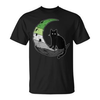 Aromantic Moon Space Cat Aro Pride Flag Lgbt Subtle Asexual T-Shirt - Monsterry