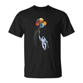 Astronaut Space Spaceman Holding Planet Balloon T-Shirt - Monsterry UK