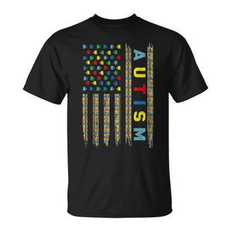 Autism Awareness Flag American Flag Autism Dad Mom T-Shirt - Seseable