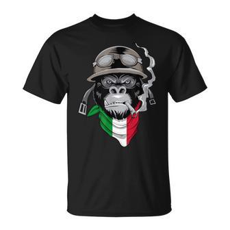 Aviator-Gorilla Grafik-T-Shirt, Italienisches Flaggen-Schal Design, Schwarz - Seseable