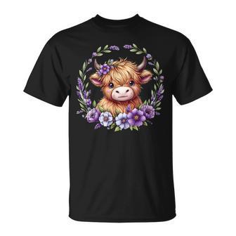 Baby Highland Cow With Purple Flowers Scottish Farm T-Shirt - Monsterry UK