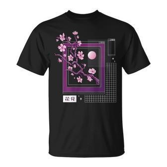 Back Print Techno Vaporwave Japanese Sakura Cherry Blossom T-Shirt - Seseable