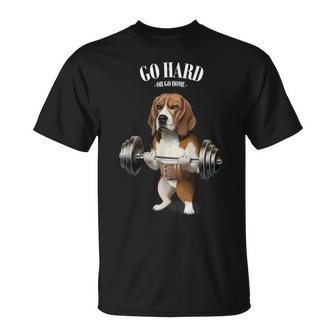 Beagle Dog Weightlifting In Fitness Gym T-Shirt - Monsterry