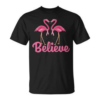 Believe Breast Cancer Flamingo Awareness Pink Ribbon T-Shirt | Mazezy