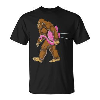 Bigfoot Carrying Lawn Flamingo Sasquatchs T-Shirt | Mazezy