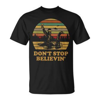 Bigfoot Riding Loch Ness Monster Don't Stop Believing Vintag T-Shirt - Monsterry