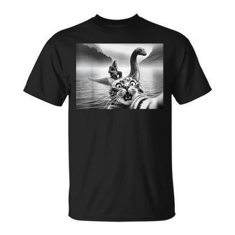 Bigfoot Riding Loch Ness Monster Surprised Scared Cat Selfie T-Shirt - Monsterry
