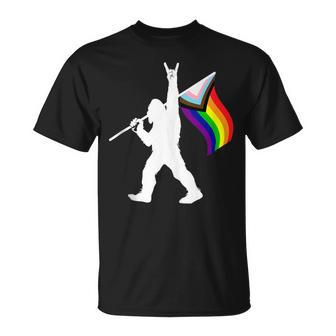 Bigfoot Rock On Lgbtq Progressive New Pride Flag T-Shirt - Monsterry