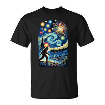 Bigfoot Sasquatch July 4Th Van Gogh Starry Night Fireworks T-Shirt - Monsterry UK