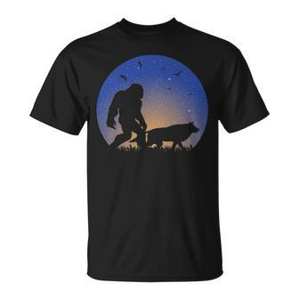 Bigfoot With Wolf Companion Silhouette Nightime Stars T-Shirt | Mazezy