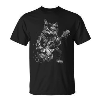 Black And White Cat Playing Guitar Rock Cat Heavy Meowtal T-Shirt - Thegiftio UK