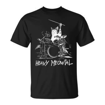 Black And White Heavy Meowtal Music Rock Drummer Cat Kitten T-Shirt - Monsterry UK