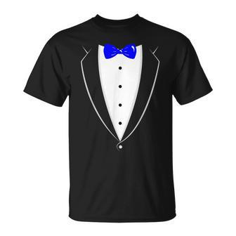 Black And White Tuxedo With Blue Bow Tie T-Shirt - Monsterry UK