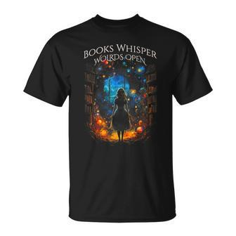 Bookish Quote Books Whisper Worlds Open Reading Book T-Shirt | Seseable UK