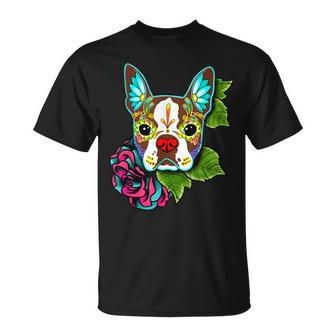 Boston Terrier In Red Day Of The Dead Sugar Skull Dog T-Shirt - Monsterry UK