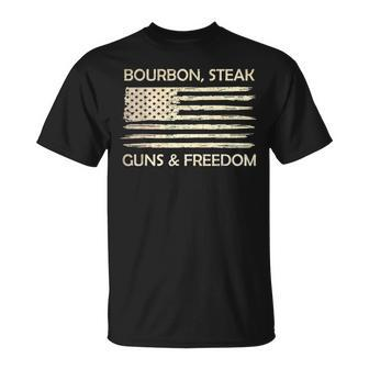 Bourbon Steak Guns & Freedom Usa American Flag Whiskey T-Shirt - Monsterry