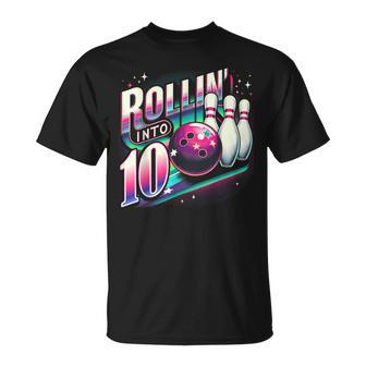 Bowling Birthday Rollin Into 10 Party 10Th Bday Retro Girl T-Shirt | Mazezy